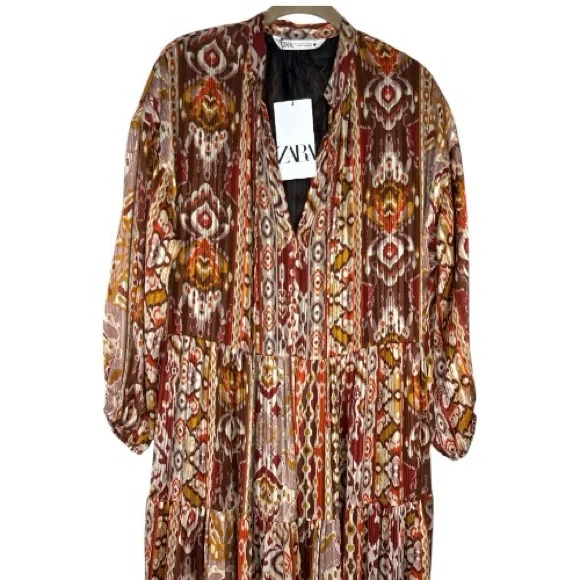 Zara Geometric Lurex Midi Dress Boho Metallic Print NWT XL - Picture 3 of 15